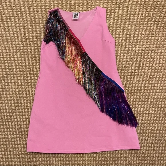 Queen of Sparkles Diagonal Metallic Pink Fringe Dress Small - Picture 5 of 13